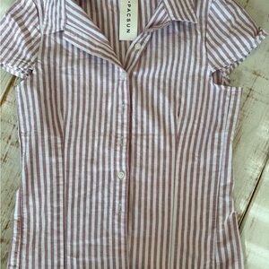 Brandy Melville Striped Button Down Shirt - Pink and White